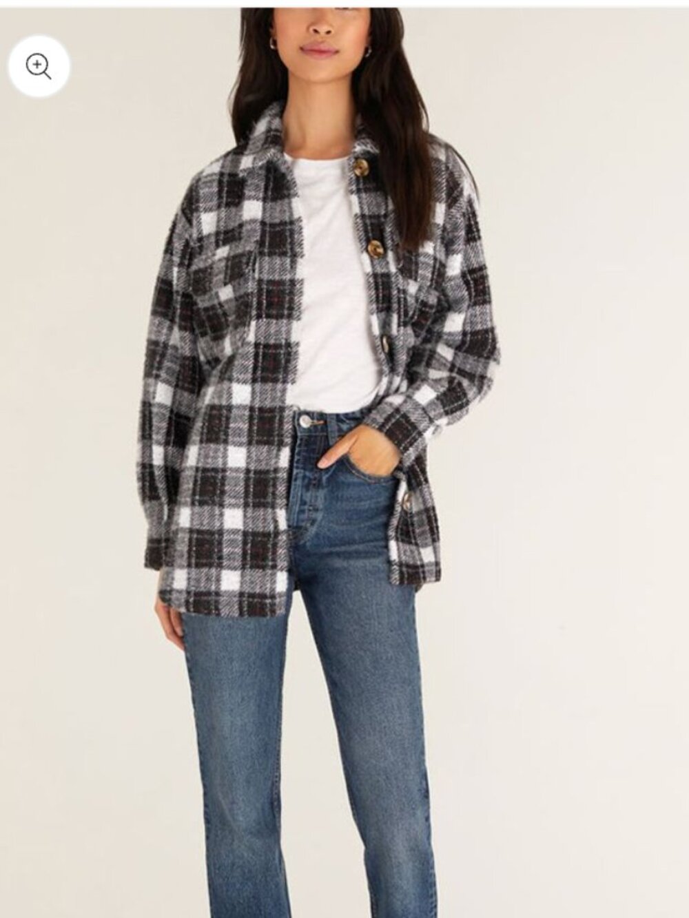 Z Supply Plaid Tucker Jacket Fuzzy Sweater Texture White Gray Black Red Casual S